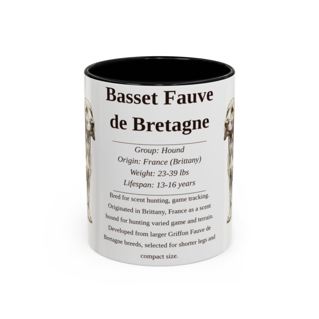 basset-fauve-de-bretagne-mug-writeup-black-front-1 11oz Basset Fauve de Bretagne Mug, Illustrated Dog Breed Facts Coffee Mug, Vintage Dog Keepsake Gift