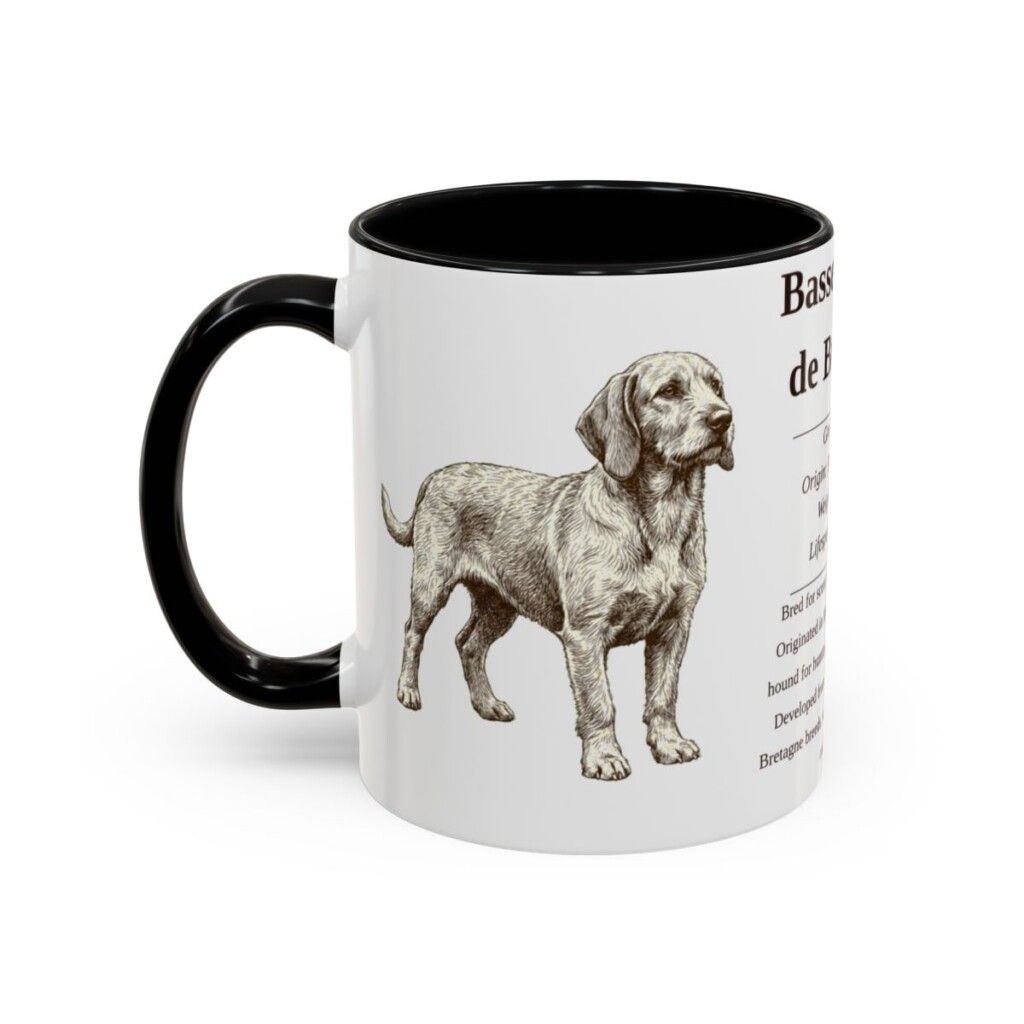 basset-fauve-de-bretagne-mug-writeup-black-left-1 11oz Basset Fauve de Bretagne Mug, Illustrated Dog Breed Facts Coffee Mug, Vintage Dog Keepsake Gift
