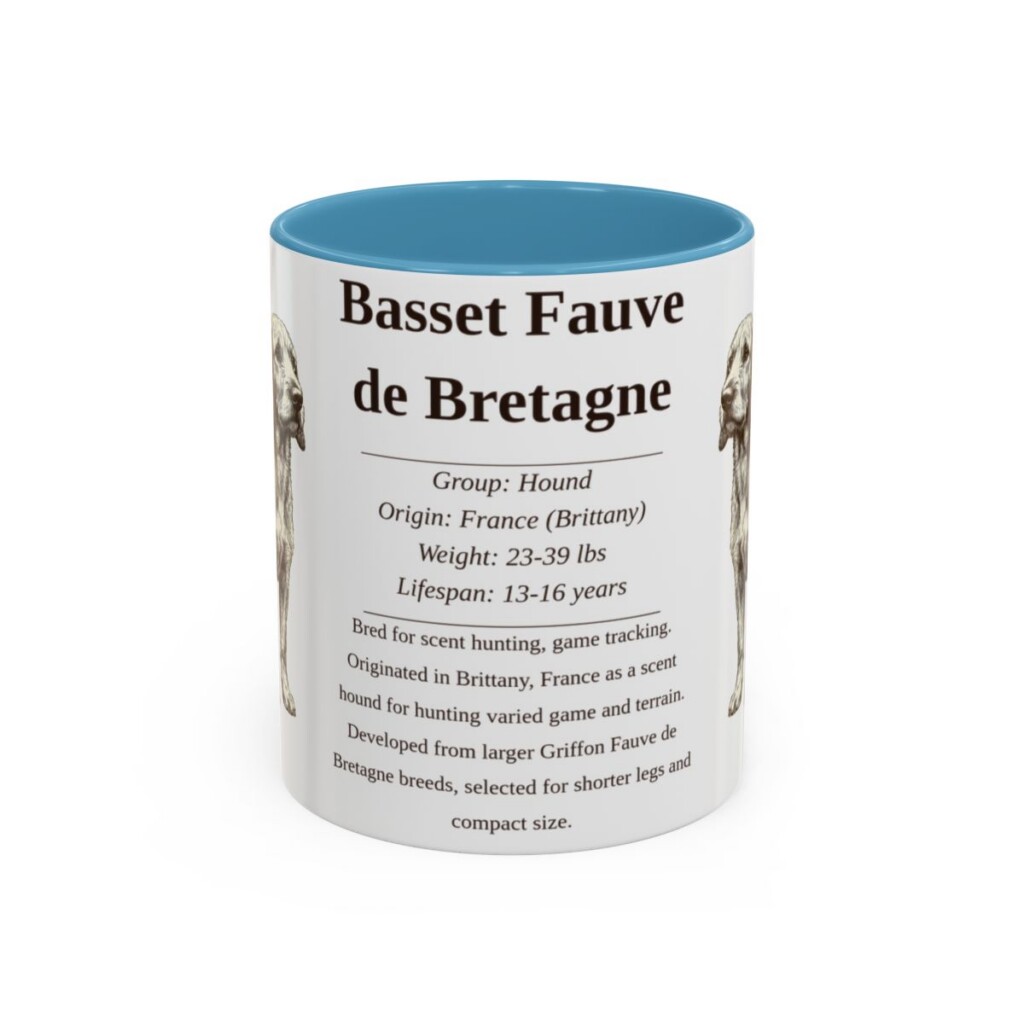 basset-fauve-de-bretagne-mug-writeup-light-blue-1 11oz Basset Fauve de Bretagne Mug, Illustrated Dog Breed Facts Coffee Mug, Vintage Dog Keepsake Gift