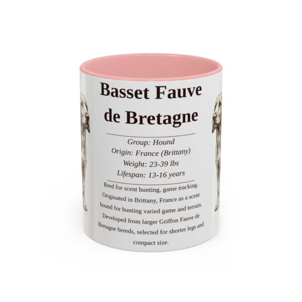 basset-fauve-de-bretagne-mug-writeup-pink-1 11oz Basset Fauve de Bretagne Mug, Illustrated Dog Breed Facts Coffee Mug, Vintage Dog Keepsake Gift