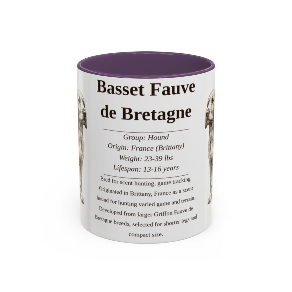 basset-fauve-de-bretagne-mug-writeup-purple-1 11oz Basset Fauve de Bretagne Mug, Illustrated Dog Breed Facts Coffee Mug, Vintage Dog Keepsake Gift