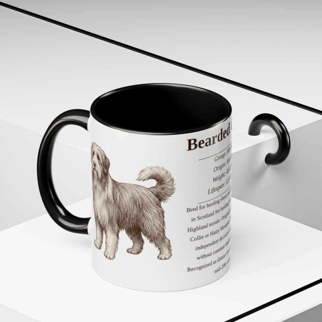 11oz Bearded Collie Mug, Illustrated Dog Breed Facts Coffee Mug, Vintage Dog Keepsake Gift