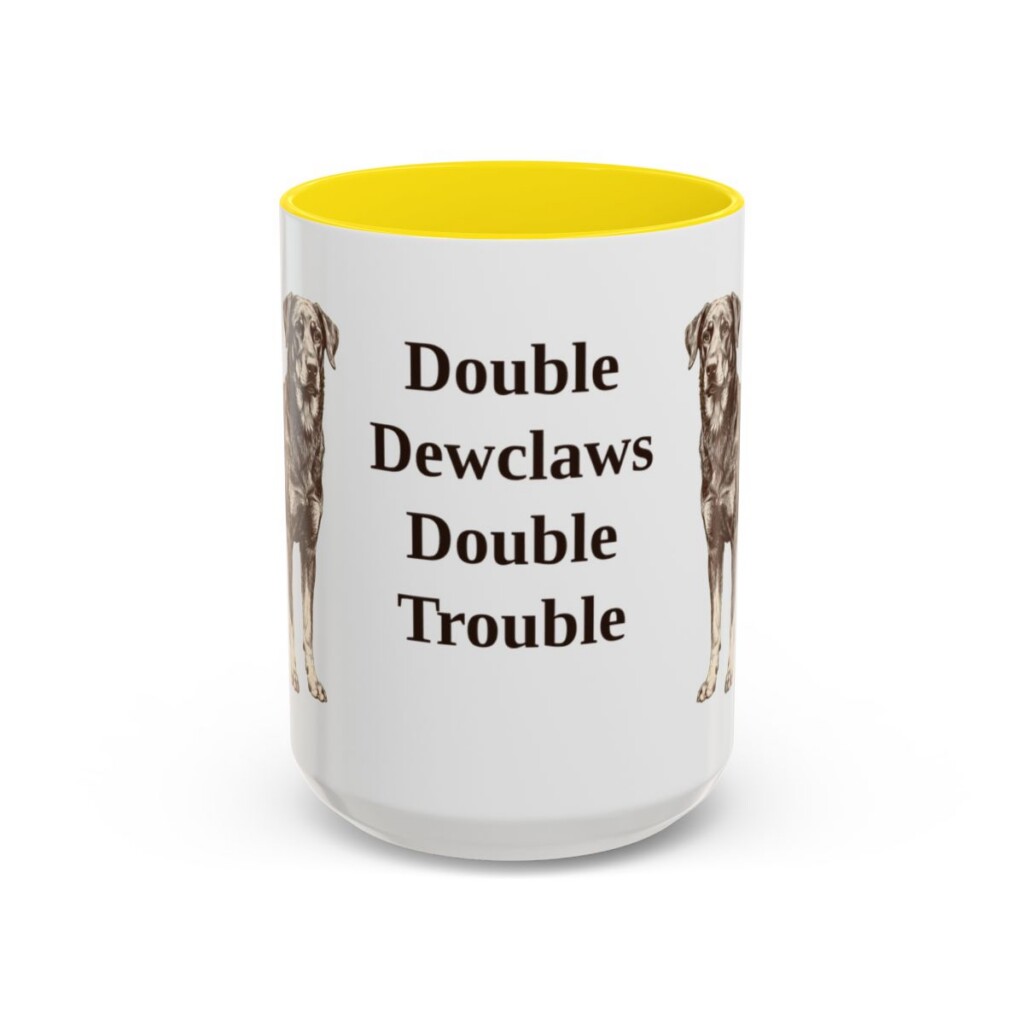 beauceron-mug-humor-yellow-1 15oz Funny Beauceron Mug, Double Dewclaws Double Trouble, Vintage Dog Coffee Mug, Dog Lover Gift