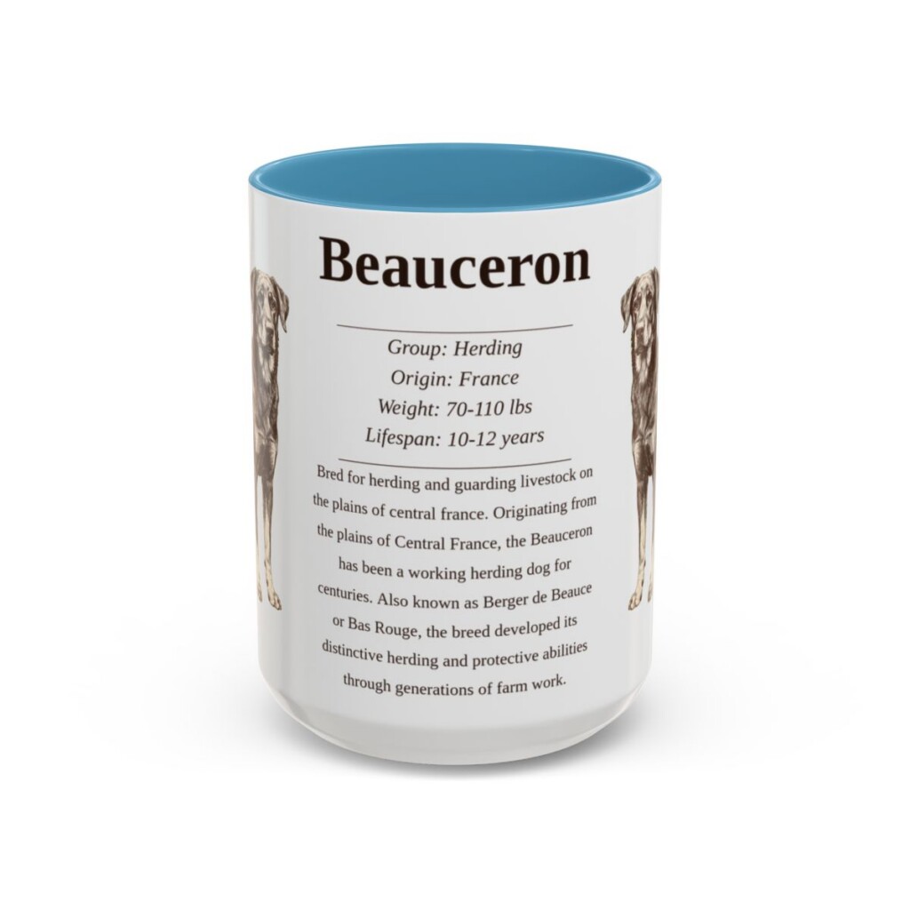 beauceron-mug-writeup-light-blue-3 15oz Beauceron Mug, Illustrated Dog Breed Facts Coffee Mug, Vintage Dog Keepsake Gift