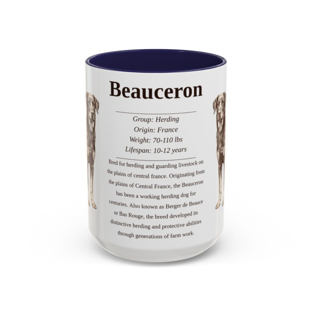beauceron-mug-writeup-navy-3 15oz Beauceron Mug, Illustrated Dog Breed Facts Coffee Mug, Vintage Dog Keepsake Gift