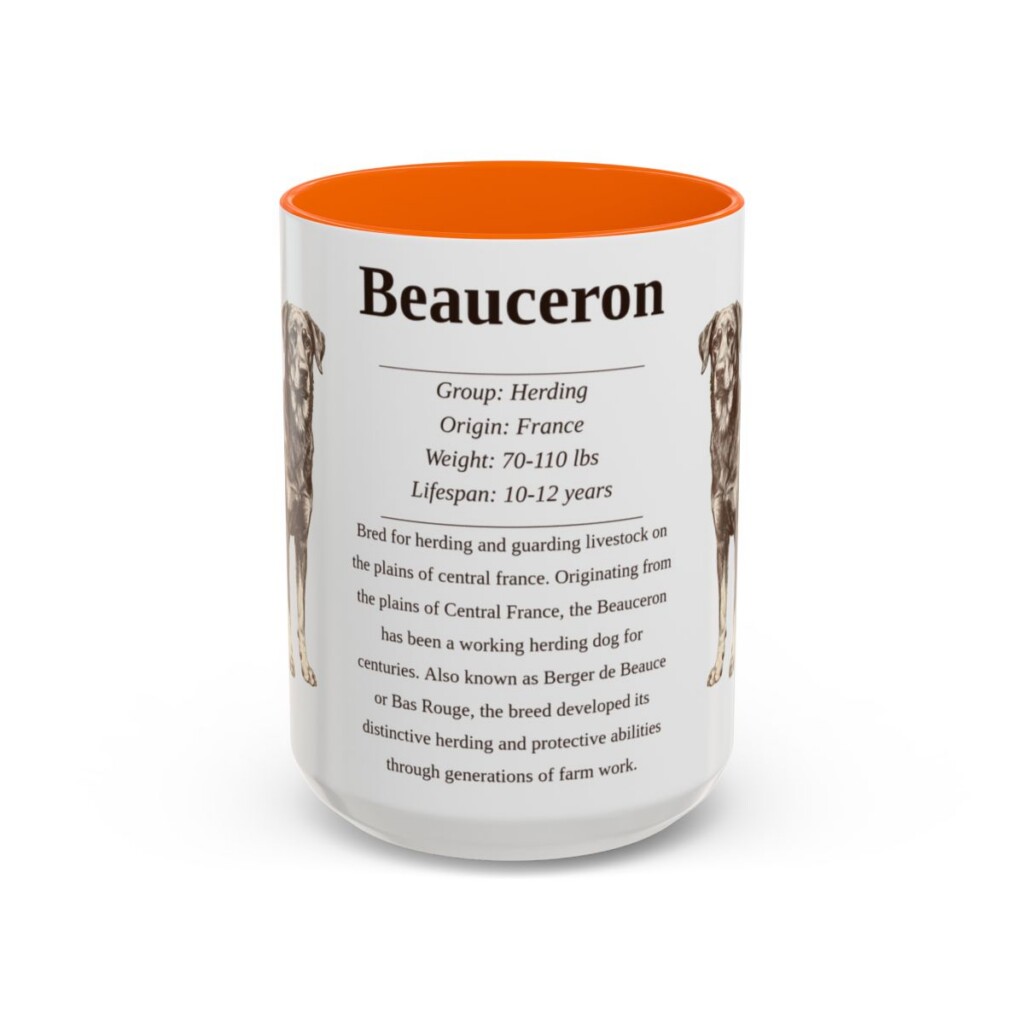beauceron-mug-writeup-orange-3 15oz Beauceron Mug, Illustrated Dog Breed Facts Coffee Mug, Vintage Dog Keepsake Gift