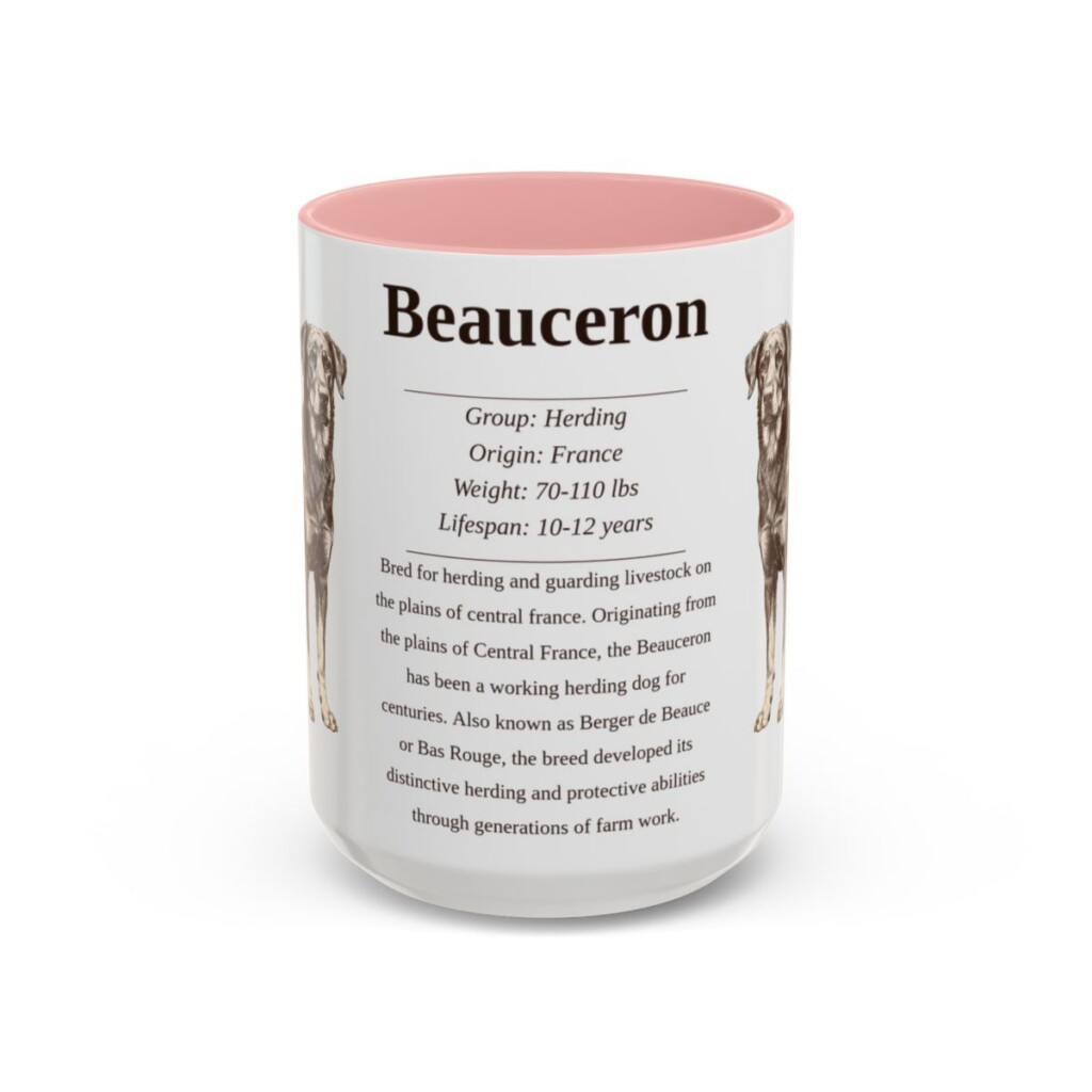 beauceron-mug-writeup-pink-3 15oz Beauceron Mug, Illustrated Dog Breed Facts Coffee Mug, Vintage Dog Keepsake Gift