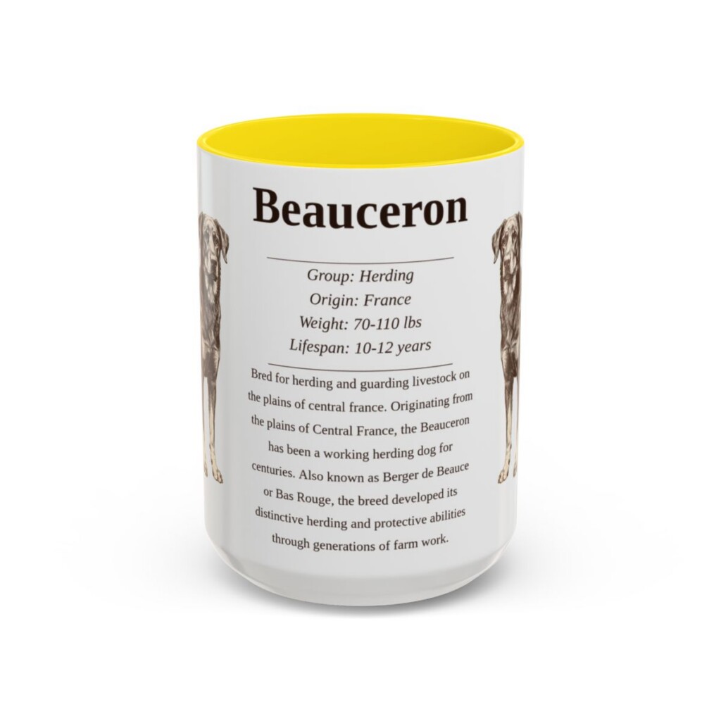 beauceron-mug-writeup-yellow-3 15oz Beauceron Mug, Illustrated Dog Breed Facts Coffee Mug, Vintage Dog Keepsake Gift