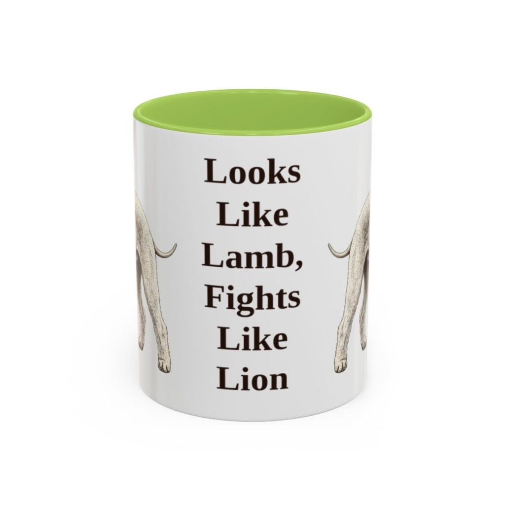 bedlington-terrier-mug-humor-light-green-1 11oz Funny Bedlington Terrier Mug, Looks Like Lamb, Fights Like Lion, Vintage Dog Coffee Mug, Dog Lover Gift