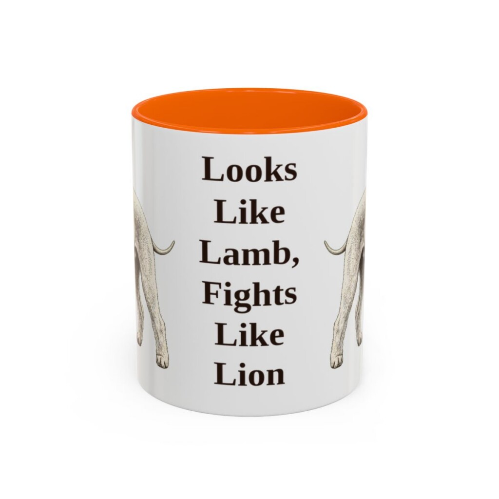bedlington-terrier-mug-humor-orange-1 11oz Funny Bedlington Terrier Mug, Looks Like Lamb, Fights Like Lion, Vintage Dog Coffee Mug, Dog Lover Gift