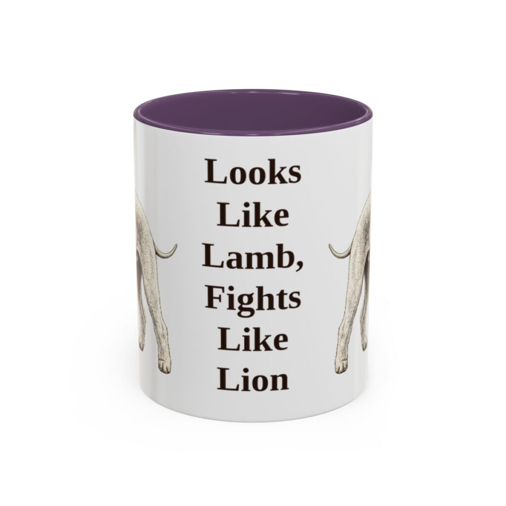 bedlington-terrier-mug-humor-purple-1 11oz Funny Bedlington Terrier Mug, Looks Like Lamb, Fights Like Lion, Vintage Dog Coffee Mug, Dog Lover Gift