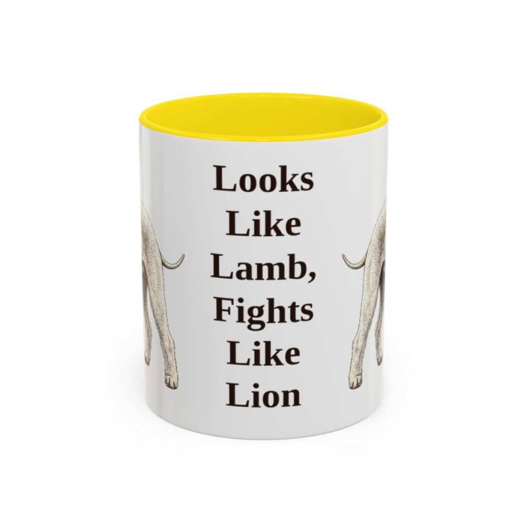 bedlington-terrier-mug-humor-yellow-1 11oz Funny Bedlington Terrier Mug, Looks Like Lamb, Fights Like Lion, Vintage Dog Coffee Mug, Dog Lover Gift