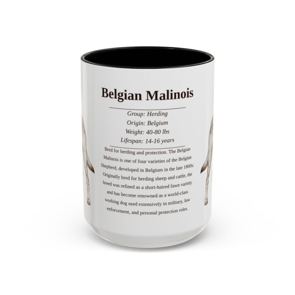 belgian-malinois-mug-writeup-black-front-3 15oz Belgian Malinois Mug, Illustrated Dog Breed Facts Coffee Mug, Vintage Dog Keepsake Gift