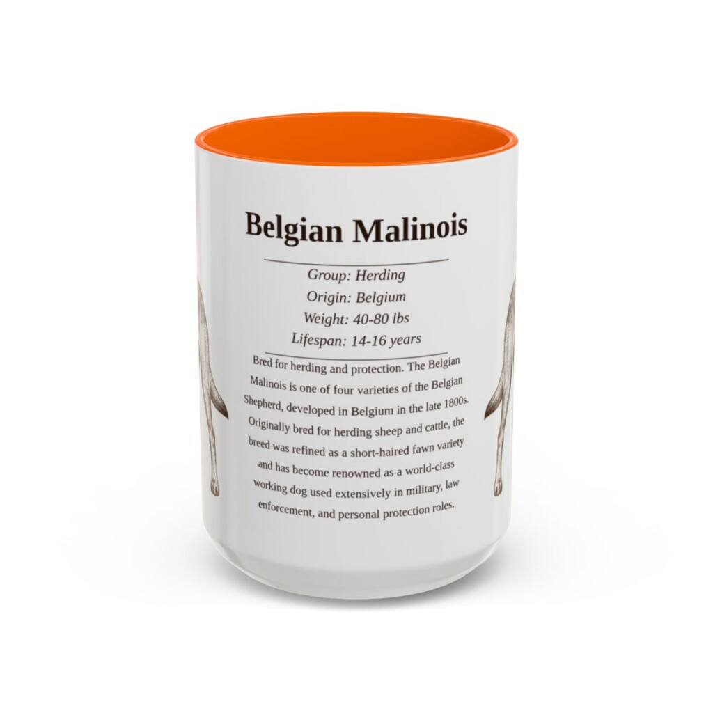 belgian-malinois-mug-writeup-orange-3 15oz Belgian Malinois Mug, Illustrated Dog Breed Facts Coffee Mug, Vintage Dog Keepsake Gift