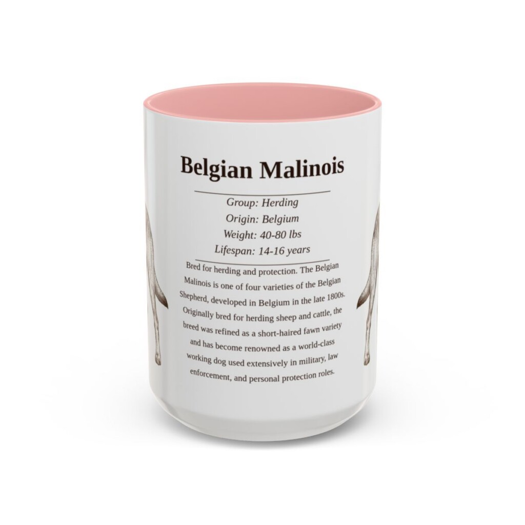 belgian-malinois-mug-writeup-pink-3 15oz Belgian Malinois Mug, Illustrated Dog Breed Facts Coffee Mug, Vintage Dog Keepsake Gift