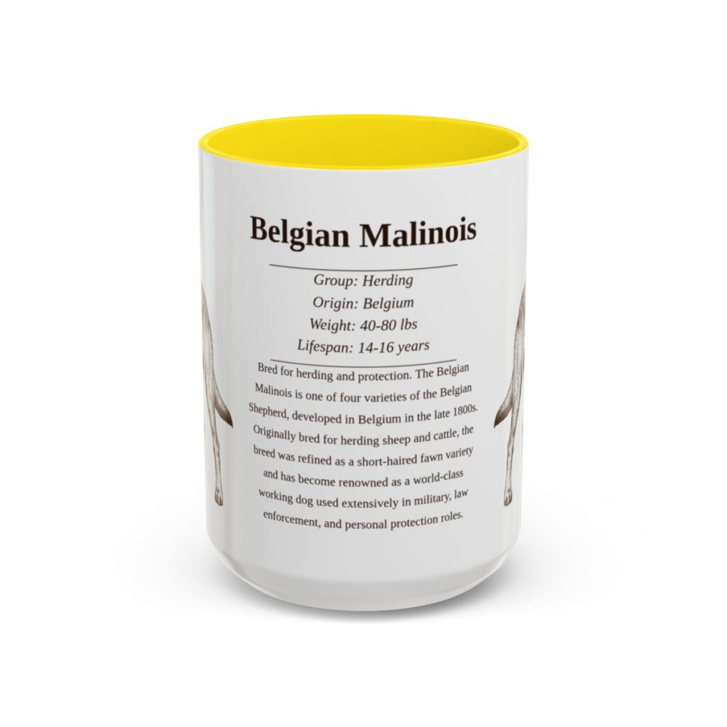 belgian-malinois-mug-writeup-yellow-3 15oz Belgian Malinois Mug, Illustrated Dog Breed Facts Coffee Mug, Vintage Dog Keepsake Gift