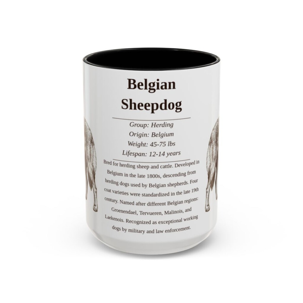 15oz Belgian Sheepdog Mug, Illustrated Dog Breed Facts Coffee Mug, Vintage Dog Keepsake Gift