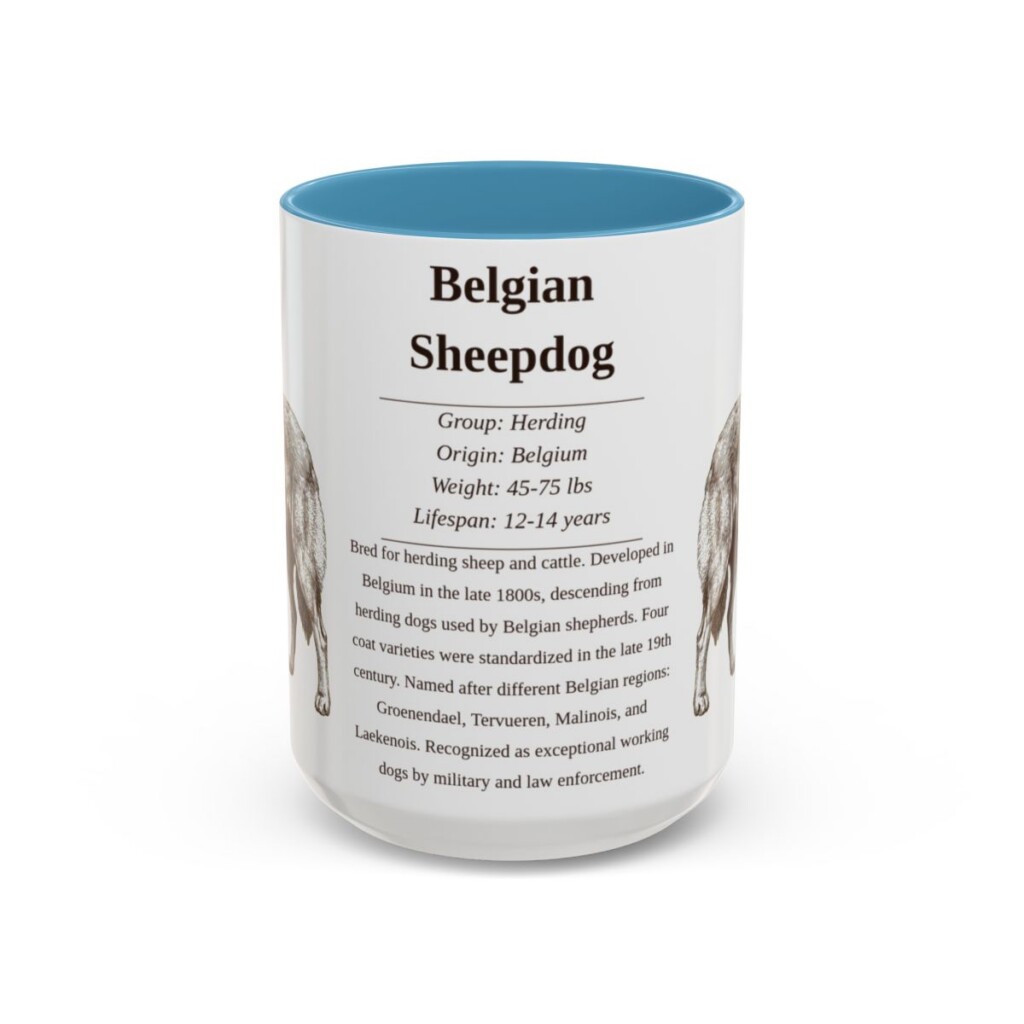 15oz Belgian Sheepdog Mug, Illustrated Dog Breed Facts Coffee Mug, Vintage Dog Keepsake Gift