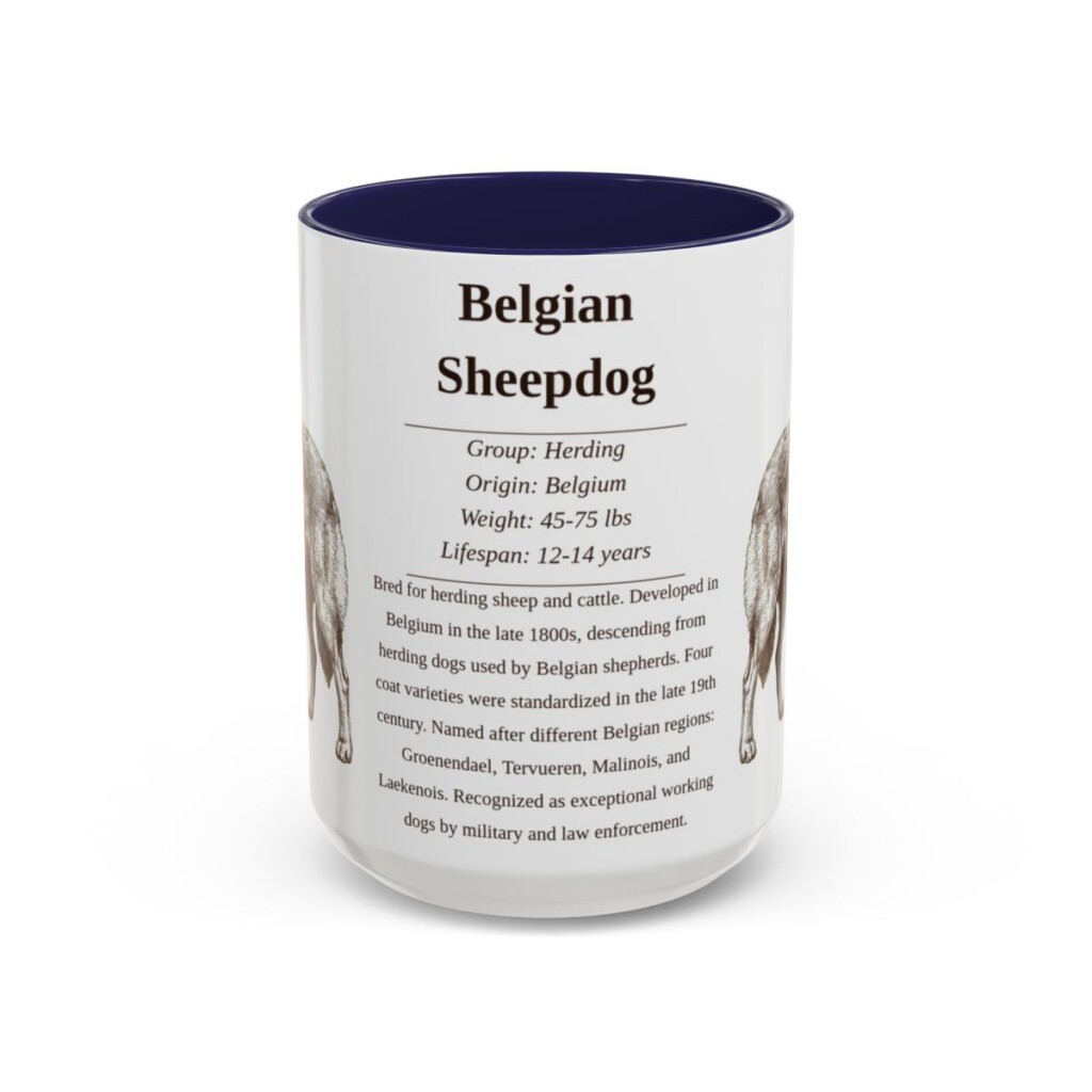 15oz Belgian Sheepdog Mug, Illustrated Dog Breed Facts Coffee Mug, Vintage Dog Keepsake Gift
