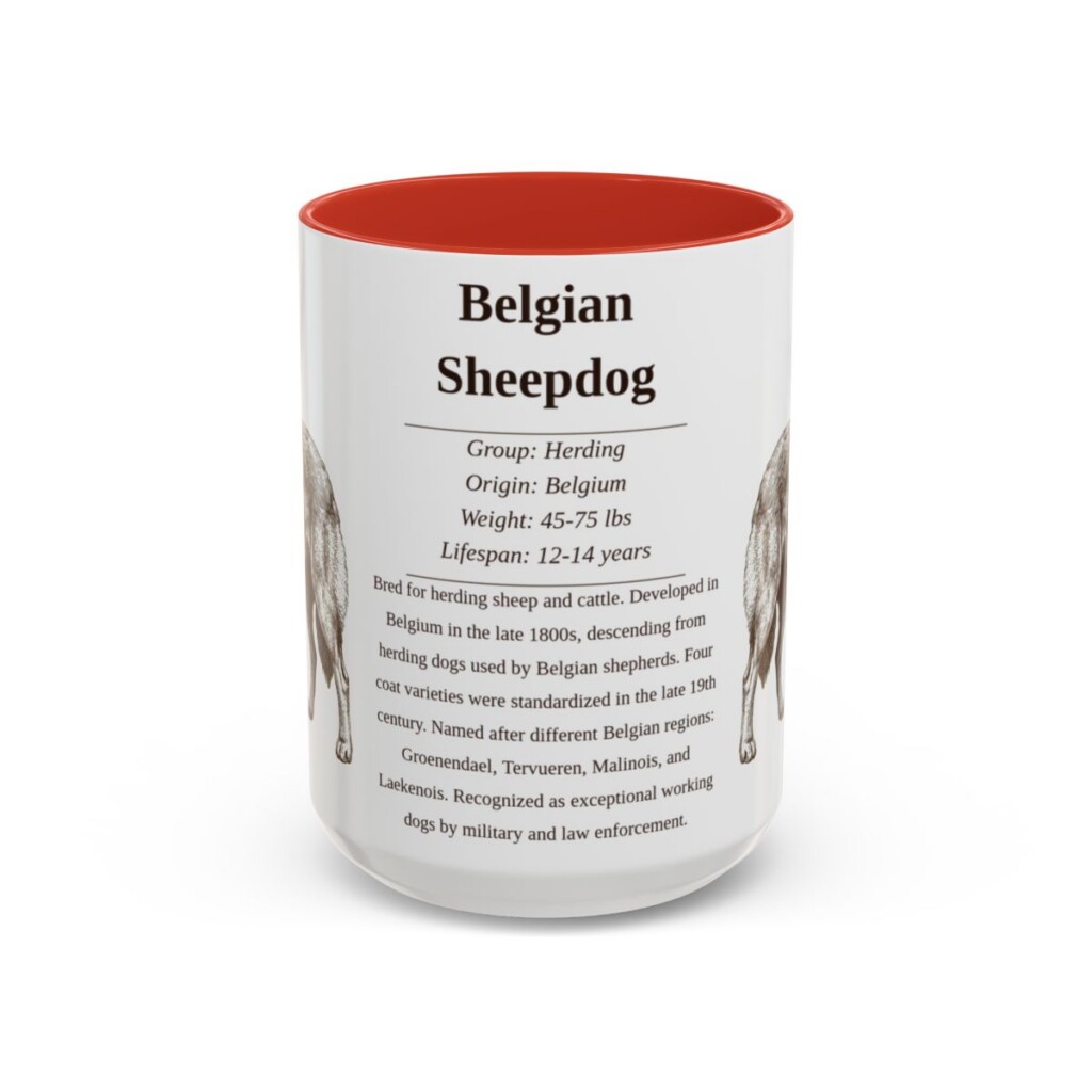 15oz Belgian Sheepdog Mug, Illustrated Dog Breed Facts Coffee Mug, Vintage Dog Keepsake Gift