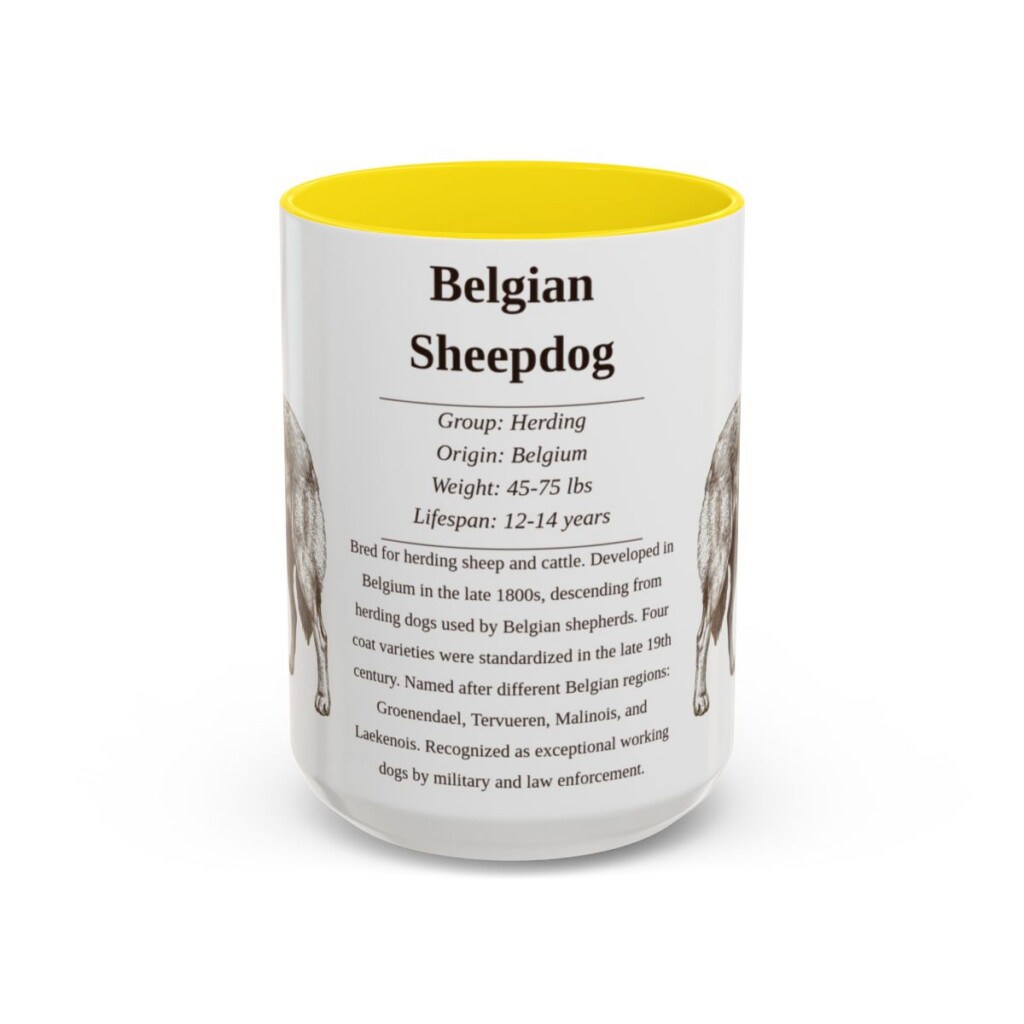 15oz Belgian Sheepdog Mug, Illustrated Dog Breed Facts Coffee Mug, Vintage Dog Keepsake Gift