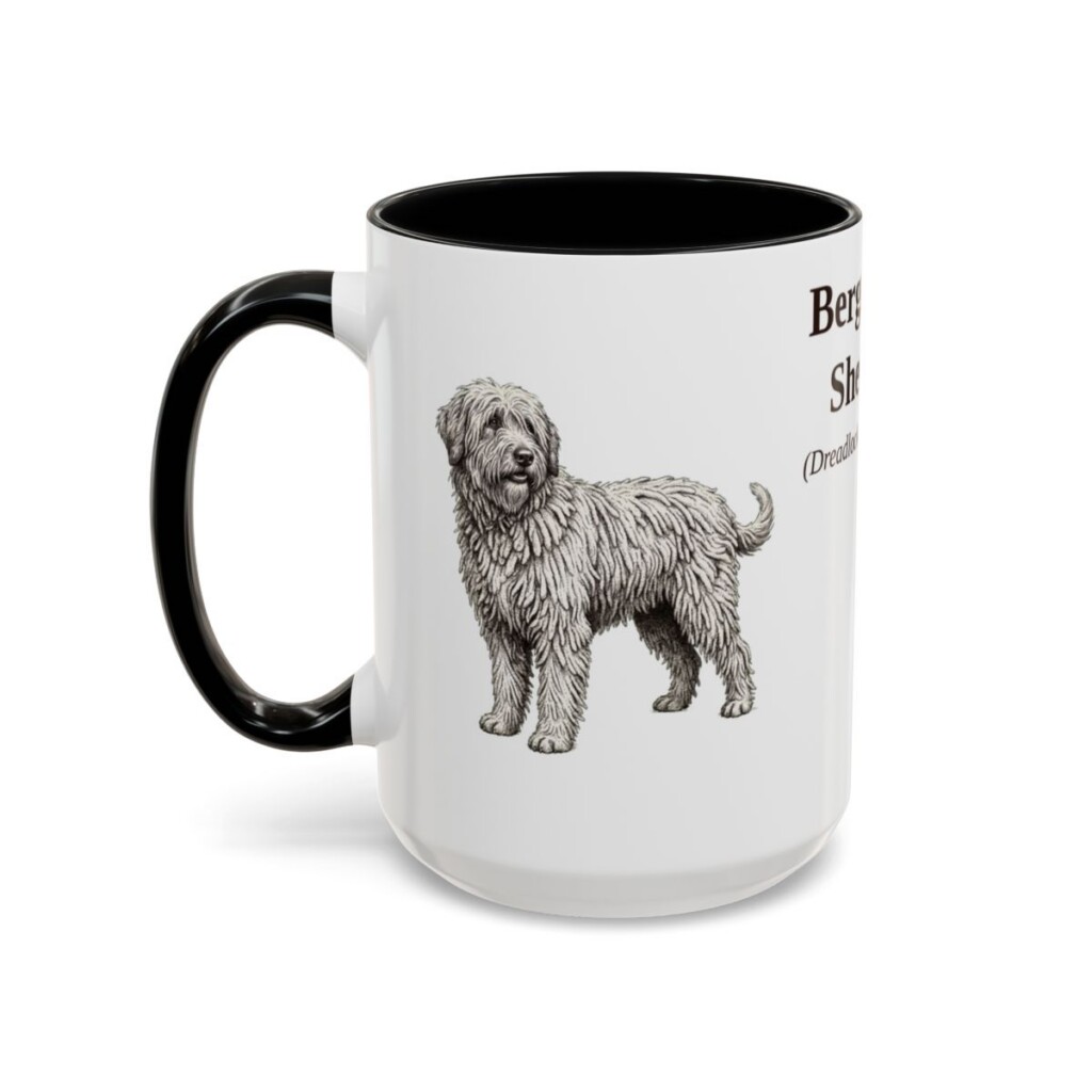 bergamasco-sheepdog-mug-latin-black-left-1 15oz Bergamasco Sheepdog Latin Mug, Bergamasco Sheepdog, Vintage Dog Coffee Mug, Dog Lover Gift