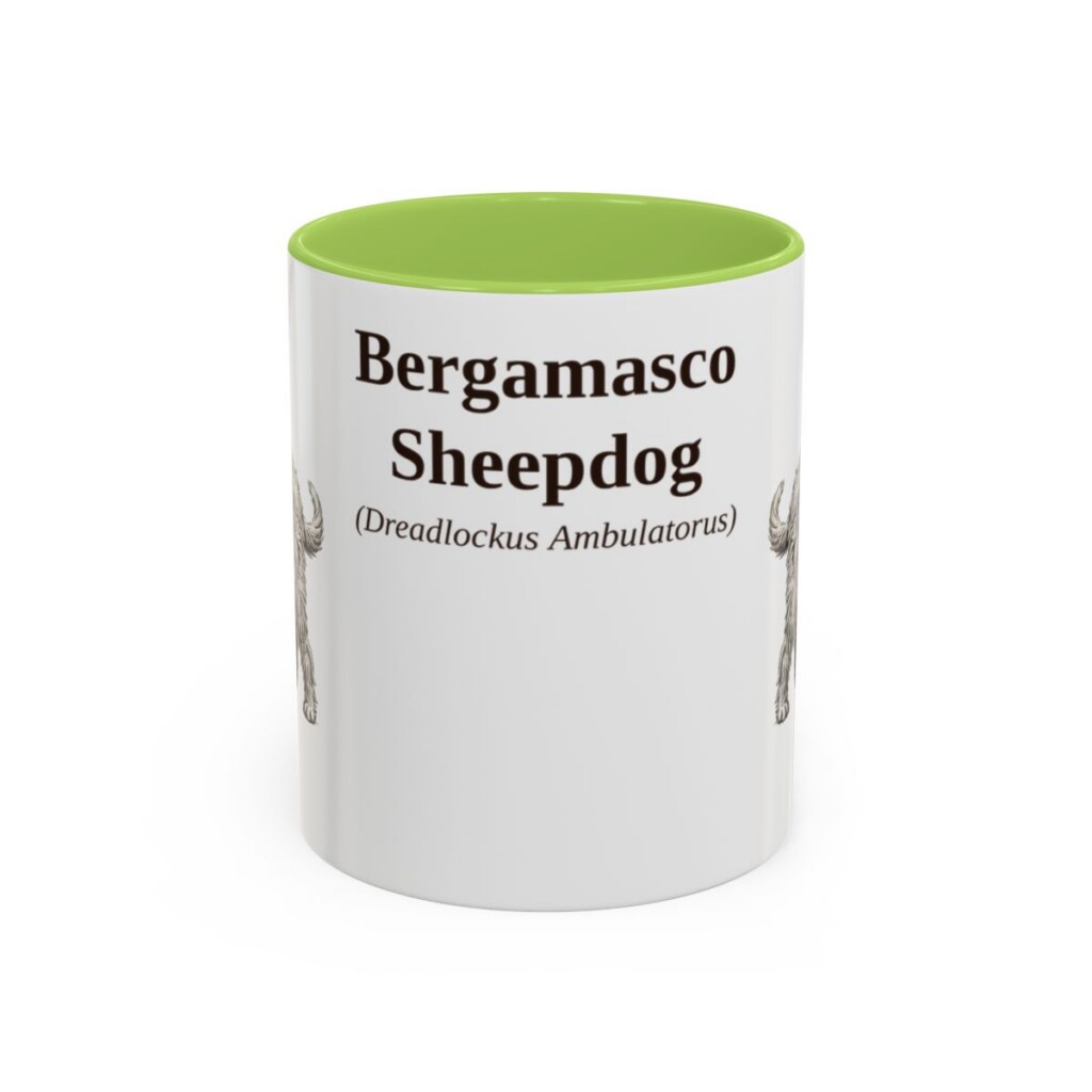bergamasco-sheepdog-mug-latin-light-green-1 11oz Bergamasco Sheepdog Latin Mug, Bergamasco Sheepdog, Vintage Dog Coffee Mug, Dog Lover Gift