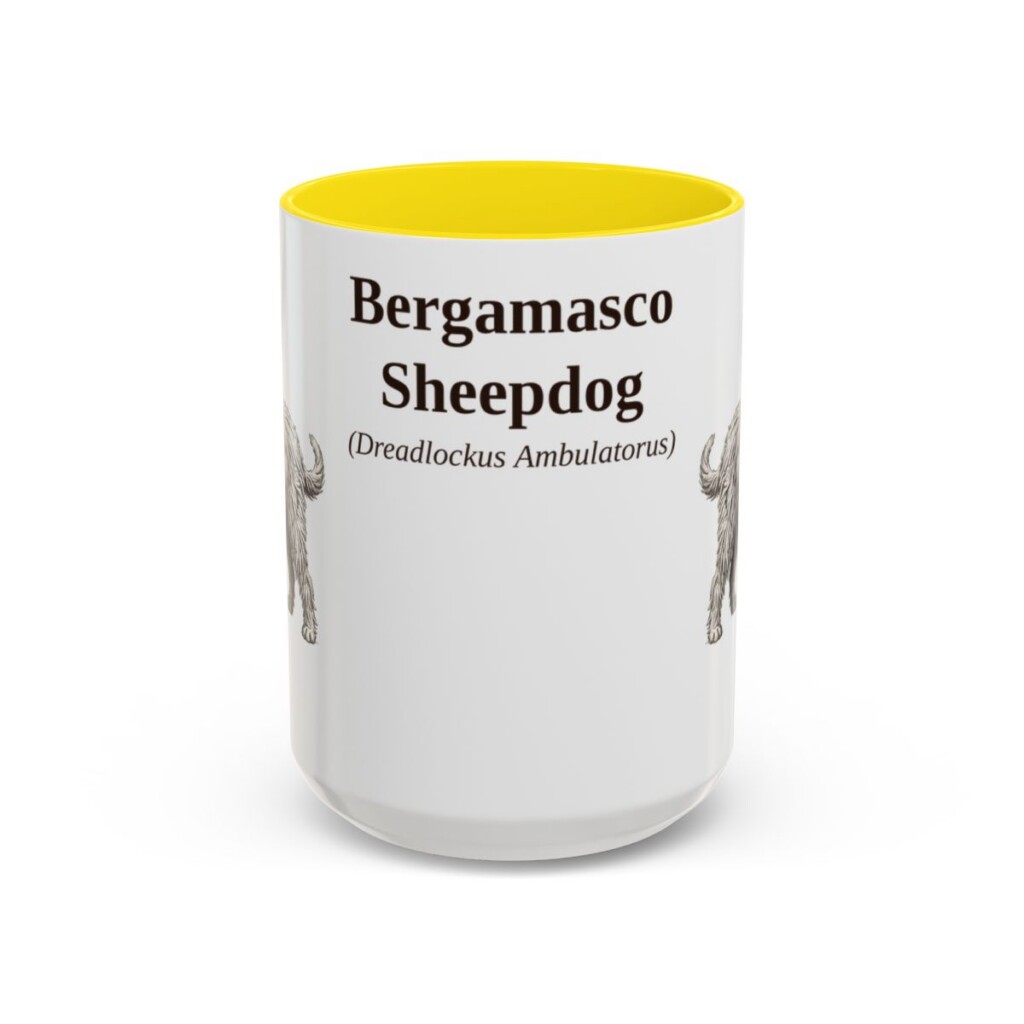 bergamasco-sheepdog-mug-latin-yellow-1 15oz Bergamasco Sheepdog Latin Mug, Bergamasco Sheepdog, Vintage Dog Coffee Mug, Dog Lover Gift