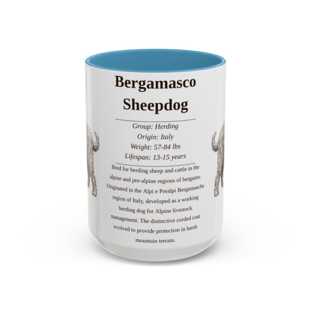 15oz Bergamasco Sheepdog Mug, Illustrated Dog Breed Facts Coffee Mug, Vintage Dog Keepsake Gift