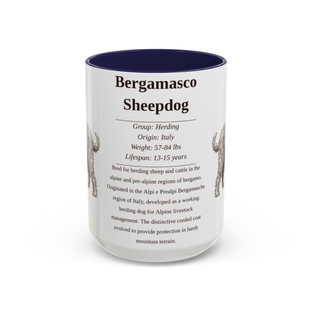 15oz Bergamasco Sheepdog Mug, Illustrated Dog Breed Facts Coffee Mug, Vintage Dog Keepsake Gift