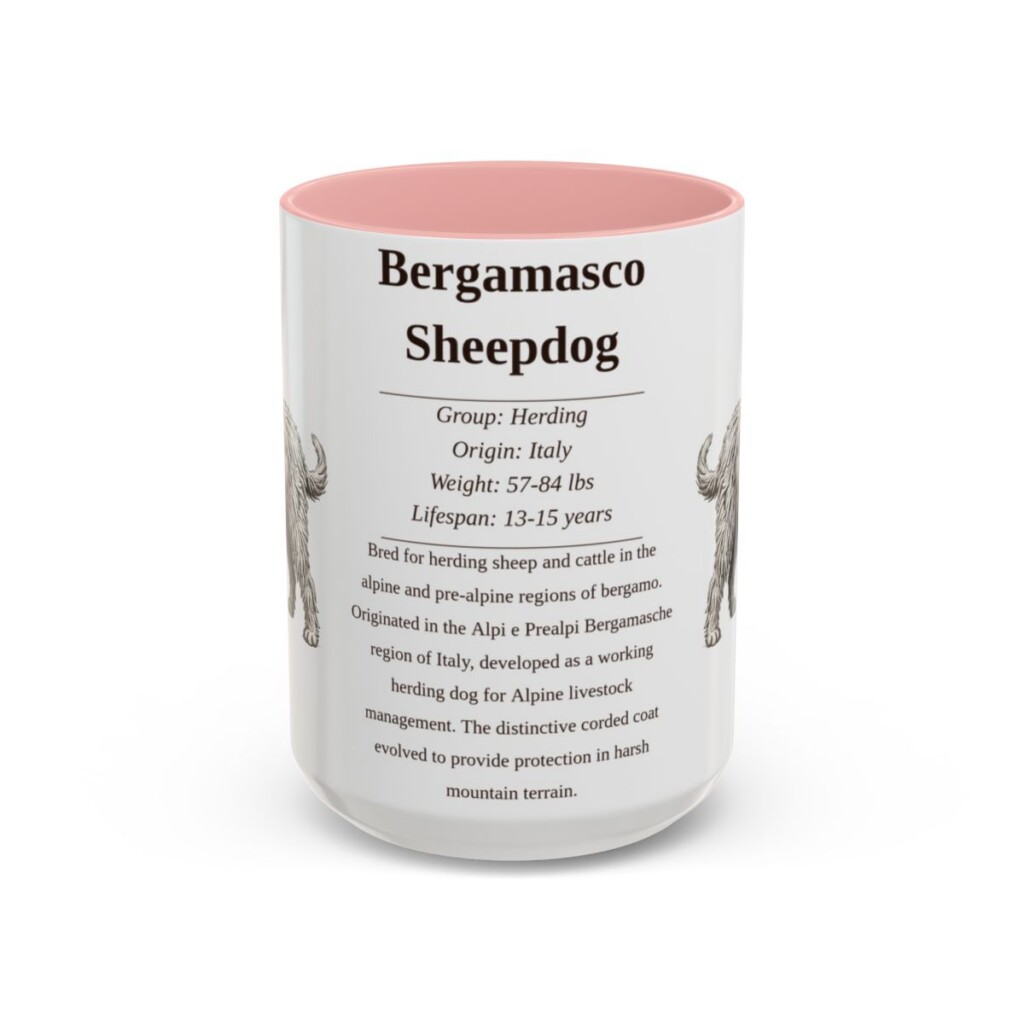 15oz Bergamasco Sheepdog Mug, Illustrated Dog Breed Facts Coffee Mug, Vintage Dog Keepsake Gift
