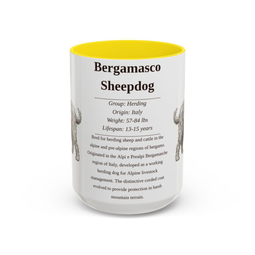 15oz Bergamasco Sheepdog Mug, Illustrated Dog Breed Facts Coffee Mug, Vintage Dog Keepsake Gift
