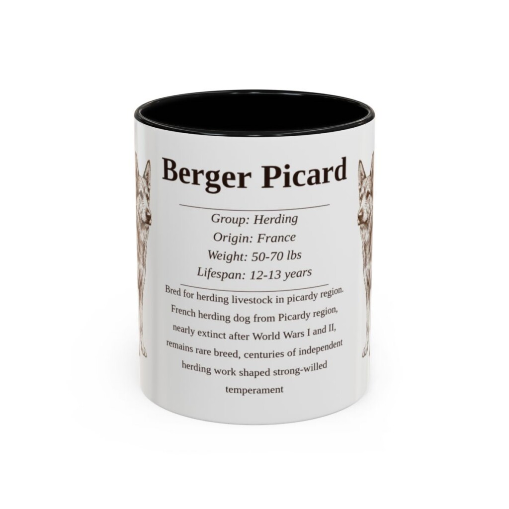 berger-picard-mug-writeup-black-front-1 11oz Berger Picard Mug, Illustrated Dog Breed Facts Coffee Mug, Vintage Dog Keepsake Gift