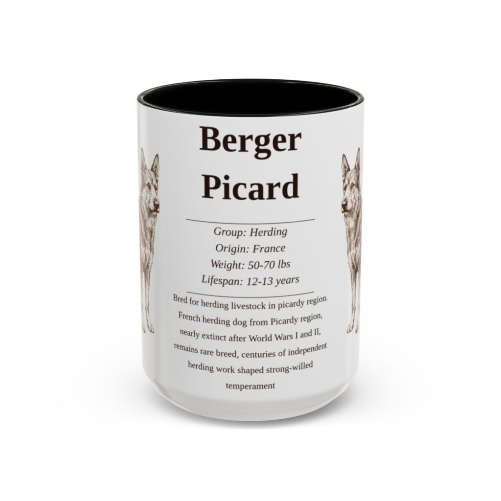 berger-picard-mug-writeup-black-front-3 15oz Berger Picard Mug, Illustrated Dog Breed Facts Coffee Mug, Vintage Dog Keepsake Gift