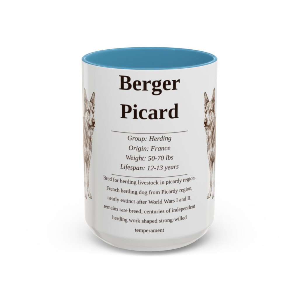 berger-picard-mug-writeup-light-blue-3 15oz Berger Picard Mug, Illustrated Dog Breed Facts Coffee Mug, Vintage Dog Keepsake Gift
