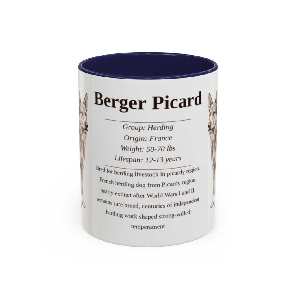 berger-picard-mug-writeup-navy-1 11oz Berger Picard Mug, Illustrated Dog Breed Facts Coffee Mug, Vintage Dog Keepsake Gift