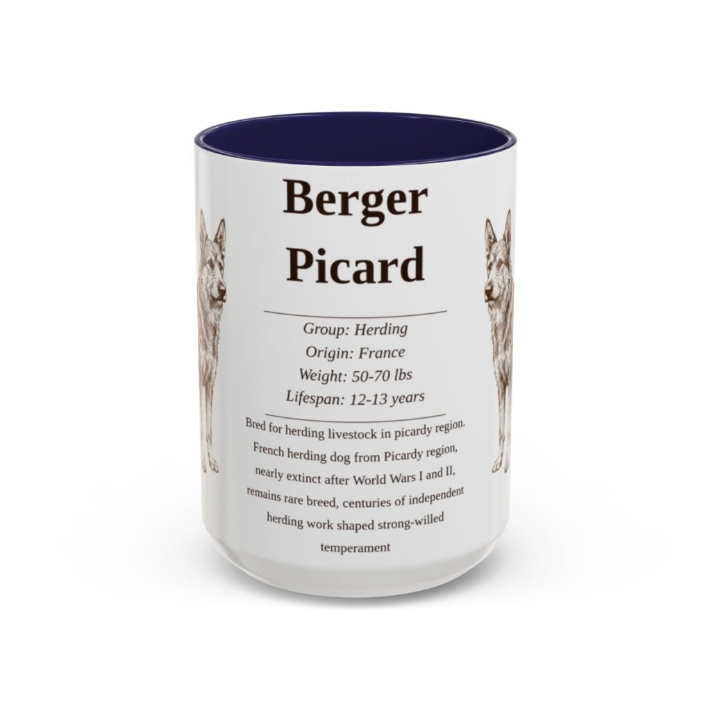 berger-picard-mug-writeup-navy-3 15oz Berger Picard Mug, Illustrated Dog Breed Facts Coffee Mug, Vintage Dog Keepsake Gift