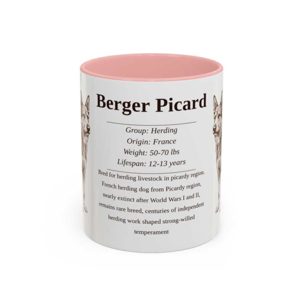 berger-picard-mug-writeup-pink-1 11oz Berger Picard Mug, Illustrated Dog Breed Facts Coffee Mug, Vintage Dog Keepsake Gift