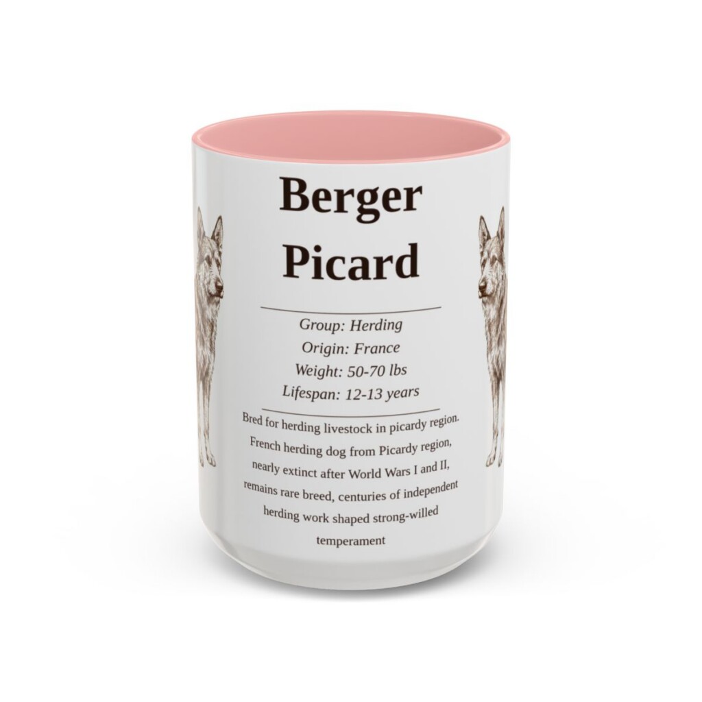 berger-picard-mug-writeup-pink-3 15oz Berger Picard Mug, Illustrated Dog Breed Facts Coffee Mug, Vintage Dog Keepsake Gift