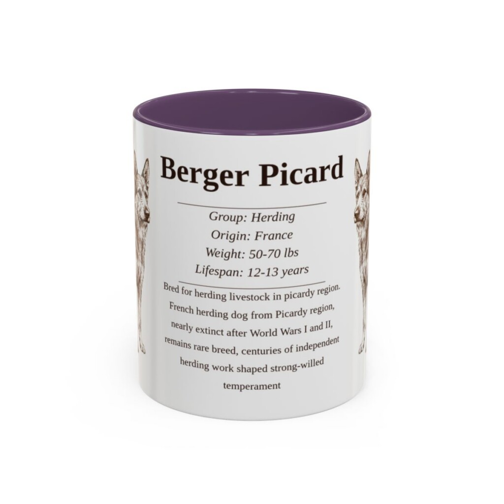 berger-picard-mug-writeup-purple-1 11oz Berger Picard Mug, Illustrated Dog Breed Facts Coffee Mug, Vintage Dog Keepsake Gift