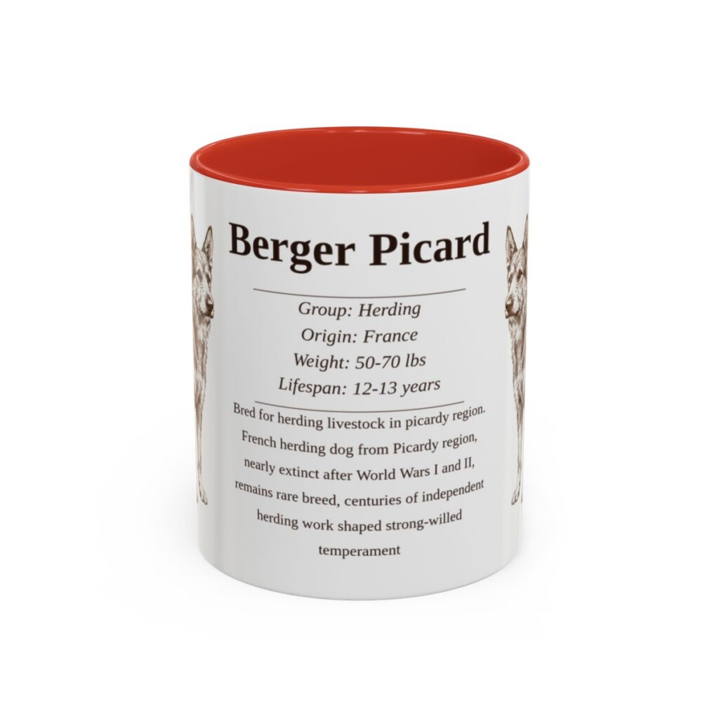 berger-picard-mug-writeup-red-1 11oz Berger Picard Mug, Illustrated Dog Breed Facts Coffee Mug, Vintage Dog Keepsake Gift