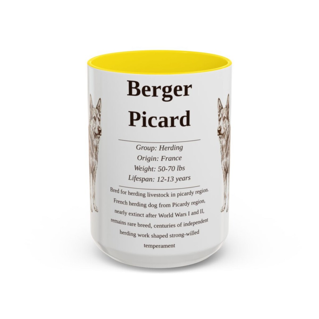 berger-picard-mug-writeup-yellow-3 15oz Berger Picard Mug, Illustrated Dog Breed Facts Coffee Mug, Vintage Dog Keepsake Gift
