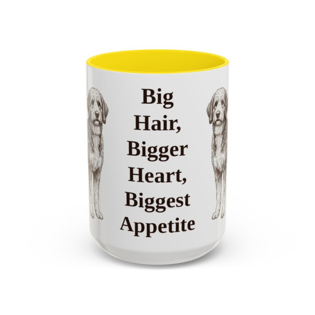 bernedoodle-mug-humor-yellow-3 15oz Funny Bernedoodle Mug, Big Hair, Bigger Heart, Biggest Appetite, Vintage Dog Coffee Mug, Dog Lover Gift