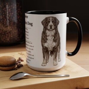 15oz Bernese Mountain Dog Mug, Illustrated Dog Breed Facts Coffee Mug, Vintage Dog Keepsake Gift