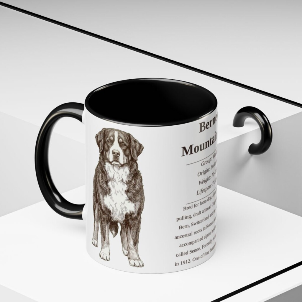 bernese-mountain-dog-mug-writeup-black-context-2-1 11oz Bernese Mountain Dog Mug, Illustrated Dog Breed Facts Coffee Mug, Vintage Dog Keepsake Gift