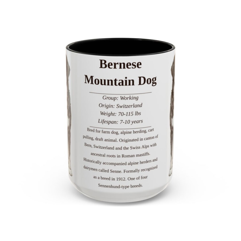 15oz Bernese Mountain Dog Mug, Illustrated Dog Breed Facts Coffee Mug, Vintage Dog Keepsake Gift