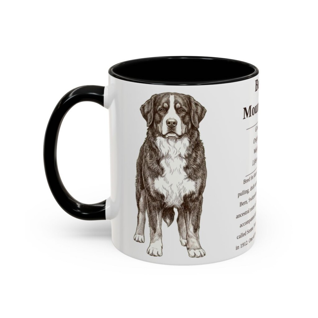 bernese-mountain-dog-mug-writeup-black-left-1 11oz Bernese Mountain Dog Mug, Illustrated Dog Breed Facts Coffee Mug, Vintage Dog Keepsake Gift