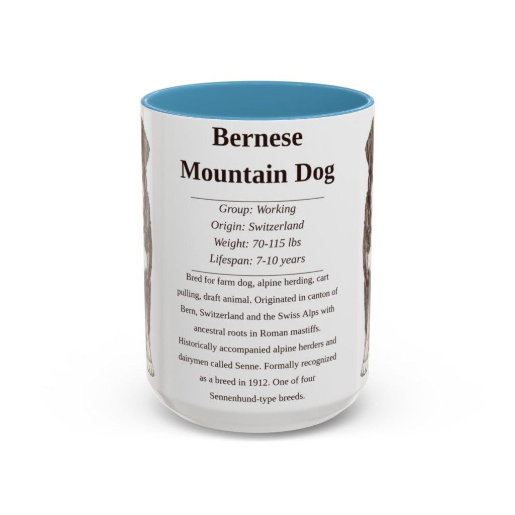 15oz Bernese Mountain Dog Mug, Illustrated Dog Breed Facts Coffee Mug, Vintage Dog Keepsake Gift