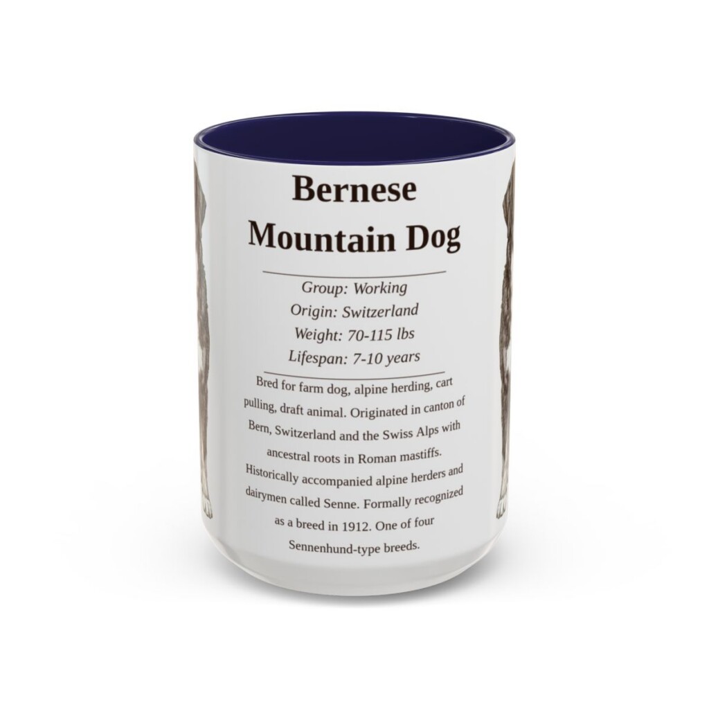 15oz Bernese Mountain Dog Mug, Illustrated Dog Breed Facts Coffee Mug, Vintage Dog Keepsake Gift