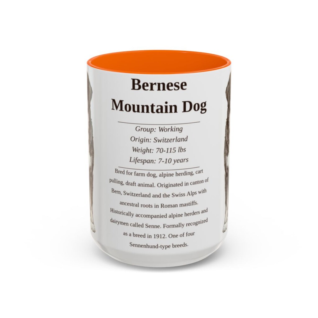 15oz Bernese Mountain Dog Mug, Illustrated Dog Breed Facts Coffee Mug, Vintage Dog Keepsake Gift